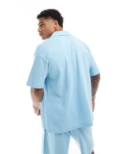 Jack & Jones Revere Collar Pique Shirt Co-ord In Light Blue For Men Sky Blue -Men Style Shop 206271499 3