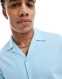 Jack & Jones Revere Collar Pique Shirt Co-ord In Light Blue For Men Sky Blue -Men Style Shop 206271499 4