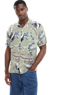 Jack & Jones Revere Collar Feather Print Shirt In Sage Green For Men Oil Green -Men Style Shop 206272798 1 oilgreen 1