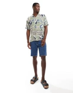 Jack & Jones Revere Collar Feather Print Shirt In Sage Green For Men Oil Green -Men Style Shop 206272798 2