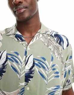 Jack & Jones Revere Collar Feather Print Shirt In Sage Green For Men Oil Green -Men Style Shop 206272798 3