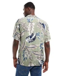 Jack & Jones Revere Collar Feather Print Shirt In Sage Green For Men Oil Green -Men Style Shop 206272798 4