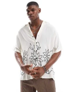 Jack & Jones Revere Collar Floral Sketch Print Shirt In White For Men Cloud Dancer -Men Style Shop 206278461 2