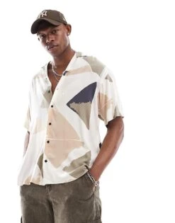 Jack & Jones Revere Collar Geo Print Shirt In Grey For Men Buttercream -Men Style Shop 206278710 2