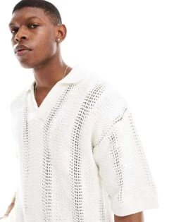 Jack & Jones Knitted Crochet Polo In White For Men -Men Style Shop 206300860 4