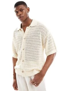 Jack & Jones Oversized Crochet Button Through Shirt For Men Beige -Men Style Shop 206300899 1 beige 1
