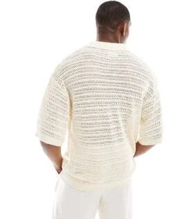 Jack & Jones Oversized Crochet Button Through Shirt For Men Beige -Men Style Shop 206300899 2