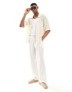 Jack & Jones Oversized Crochet Button Through Shirt For Men Beige -Men Style Shop 206300899 3