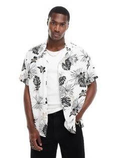 Jack & Jones Revere Collar Shirt In White Palm Print For Men Cloud Dancer -Men Style Shop 206330357 1 clouddancer 1