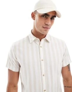 Jack & Jones Striped Short Sleeve Oxford Shirt In Beige For Men Crockery -Men Style Shop 206361605 1 crockery 1