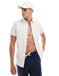 Jack & Jones Striped Short Sleeve Oxford Shirt In Beige For Men Crockery -Men Style Shop 206361605 3