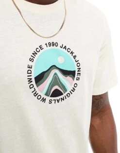 Jack & Jones Oversized T-shirt With Chest Print In Beige For Men Buttercream -Men Style Shop 206385992 3