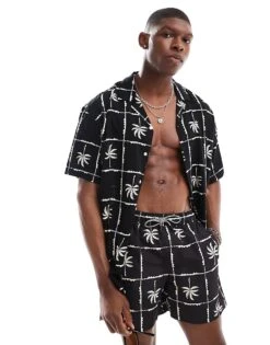 Jack & Jones Revere Collar Palm Grid Print Short Sleeve Shirt Co-ord In Black For Men -Men Style Shop 206460814 1 black 1