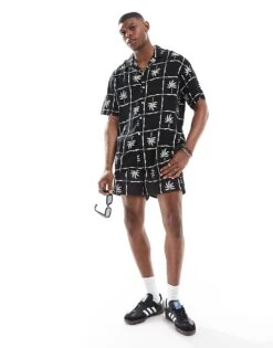Jack & Jones Revere Collar Palm Grid Print Short Sleeve Shirt Co-ord In Black For Men -Men Style Shop 206460814 2