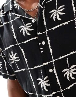 Jack & Jones Revere Collar Palm Grid Print Short Sleeve Shirt Co-ord In Black For Men -Men Style Shop 206460814 3