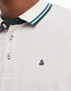 Jack & Jones Slim Fit Tipped Pique Logo Polo In Beige For Men Moonbeam Detail:play -Men Style Shop 206502123 3