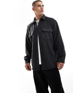 Jack & Jones Heavy Brushed Twill Overshirt In Dark Grey For Men Black -Men Style Shop 206502147 1 black 1