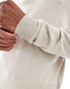 Jack & Jones Fine Gauge Crew Neck Jumper In Beige For Men Oatmeal Detail:melan -Men Style Shop 206502197 4