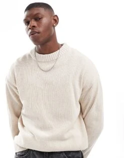 Jack & Jones Oversized Chunky Rib Crew Neck Jumper In Cream For Men Moonbeam -Men Style Shop 206502460 1 moonbeam 1