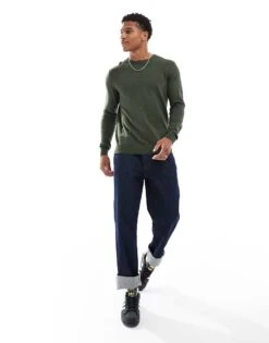 Jack & Jones Fine Gauge Crew Neck Jumper In Olive Green For Men Kombu Green