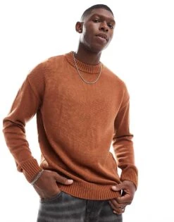 Jack & Jones Oversized Chunky Rib Crew Neck Jumper In Burnt Orange For Men Mocha Bisque -Men Style Shop 206502621 1 mochabisque 1