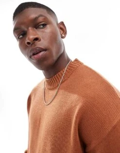 Jack & Jones Oversized Chunky Rib Crew Neck Jumper In Burnt Orange For Men Mocha Bisque -Men Style Shop 206502621 3