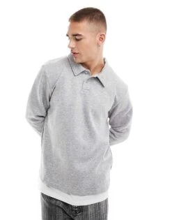 Jack & Jones Oversized Polo Sweatshirt In Grey Melange For Men Light Grey Melange