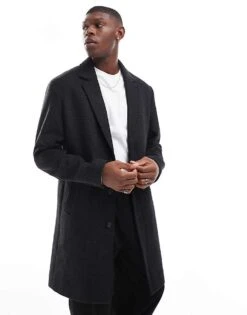 Jack & Jones Wool Mix Long Overcoat In Dark Grey Houndstooth For Men Dark Grey Melange Ho
