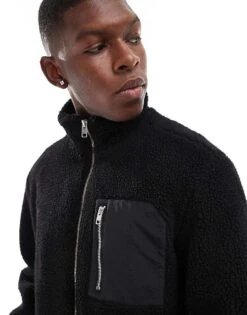 Jack & Jones Teddy Fleece Jacket In Black For Men -Men Style Shop 206551428 2