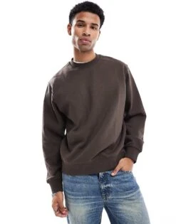 Jack & Jones Premium Oversized 400gsm Heavyweight Crew Neck Sweatshirt In Chocolate Brown For Men Mulch -Men Style Shop 206551626 1 mulch 1