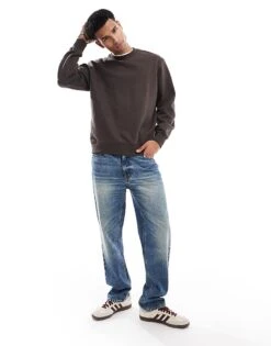 Jack & Jones Premium Oversized 400gsm Heavyweight Crew Neck Sweatshirt In Chocolate Brown For Men Mulch -Men Style Shop 206551626 3