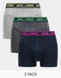 Jack & Jones 3 Pack Trunks With Neon Waistband In Black & Grey For Men Dark Grey Melange