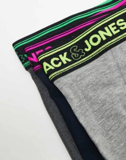 Jack & Jones 3 Pack Trunks With Neon Waistband In Black & Grey For Men Dark Grey Melange -Men Style Shop 206551699 3