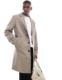 Jack & Jones Wool Mix Long Overcoat In Beige For Men Greige -Men Style Shop 206551831 4