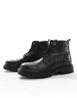 Jack & Jones Chunky Leather Lace Up Boot In Black For Men Anthracite