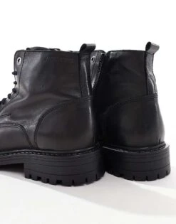 Jack & Jones Chunky Leather Lace Up Boot In Black For Men Anthracite -Men Style Shop 206551996 3