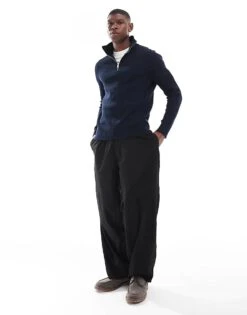 Jack & Jones Chunky Rib Knitted Half Zip Jumper In Navy For Men Sky Captain -Men Style Shop 206552185 1 skycaptain 1