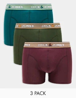 Jack & Jones 3 Pack Trunks With Neon Striped Waist Band In Green & Burgandy For Men Kombu Green -Men Style Shop 206552218 1 kombugreen 1