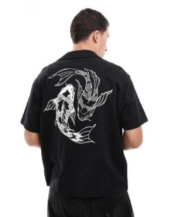 Jack & Jones Oversized Jersey Shirt With Carp Back Print In Black For Men -Men Style Shop 206623416 1 black 1