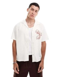 Jack & Jones Oversized Jersey Shirt With Flower Placement Print In Ecru For Men Egret -Men Style Shop 206623449 2