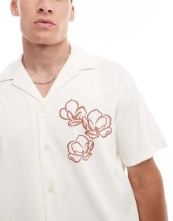 Jack & Jones Oversized Jersey Shirt With Flower Placement Print In Ecru For Men Egret -Men Style Shop 206623449 4