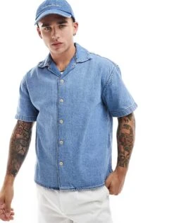 Jack & Jones Denim Revere Collar Short Sleeve Shirt In Mid Blue Wash For Men Blue Denim -Men Style Shop 206681282 1 bluedenim 1