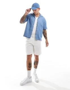 Jack & Jones Denim Revere Collar Short Sleeve Shirt In Mid Blue Wash For Men Blue Denim -Men Style Shop 206681282 2