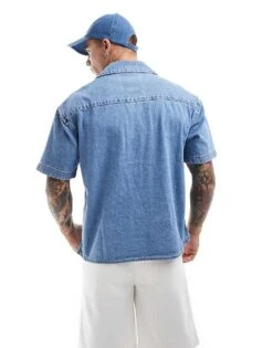 Jack & Jones Denim Revere Collar Short Sleeve Shirt In Mid Blue Wash For Men Blue Denim -Men Style Shop 206681282 3