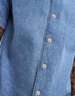 Jack & Jones Denim Revere Collar Short Sleeve Shirt In Mid Blue Wash For Men Blue Denim -Men Style Shop 206681282 4
