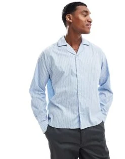 Jack & Jones Oversized Poplin Long Sleeve Stripe Shirt In Blue For Men Skyway -Men Style Shop 206681305 1 skyway 1