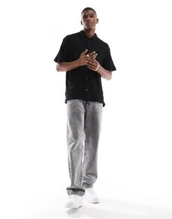 Jack & Jones Oversized Textured Short Sleeve Shirt In Black For Men -Men Style Shop 206681313 3