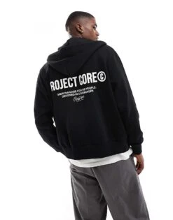 Jack & Jones Oversized Back Print Double Zip Through Hoodie In Black For Men