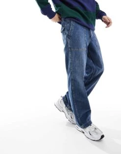 Jack & Jones Eddie Loose Workwear Jeans In Mid Blue Wash For Men Blue Denim -Men Style Shop 206681461 2