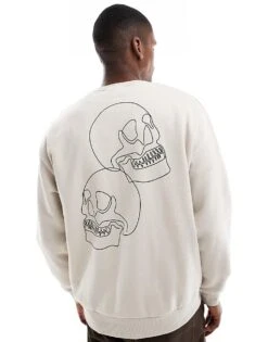Jack & Jones Drop Shoulder Crew Neck Sweat With Skull Back Print In Beige For Men Moonbeam